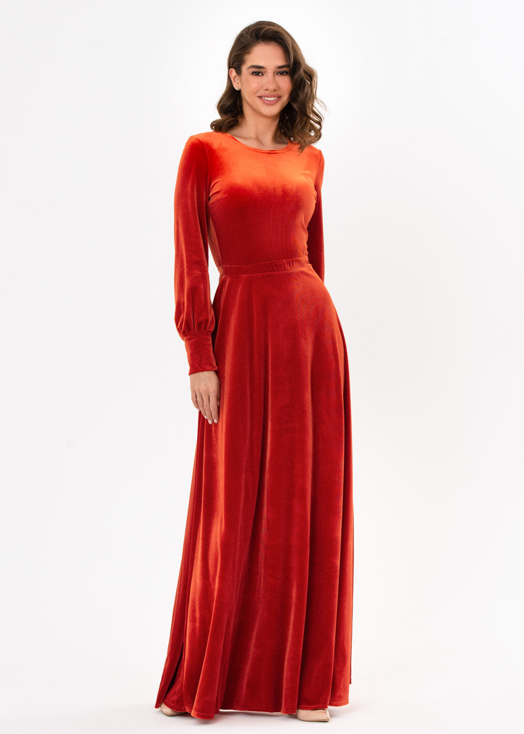 Rust orange velvet long dress