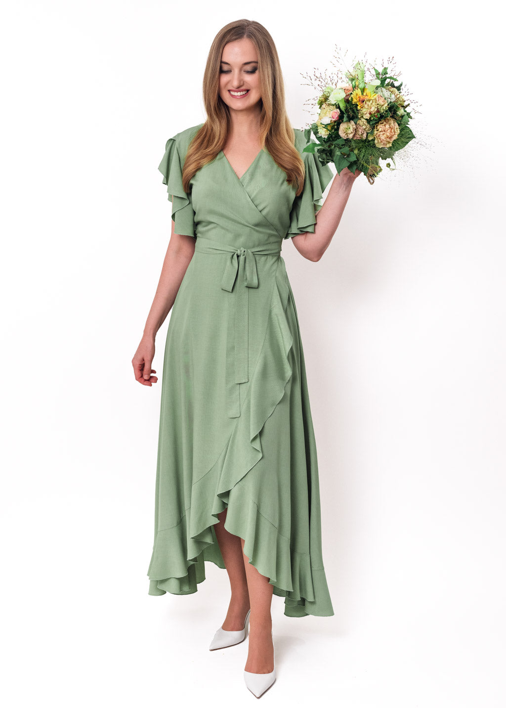 Sage green romantic wrap around dress