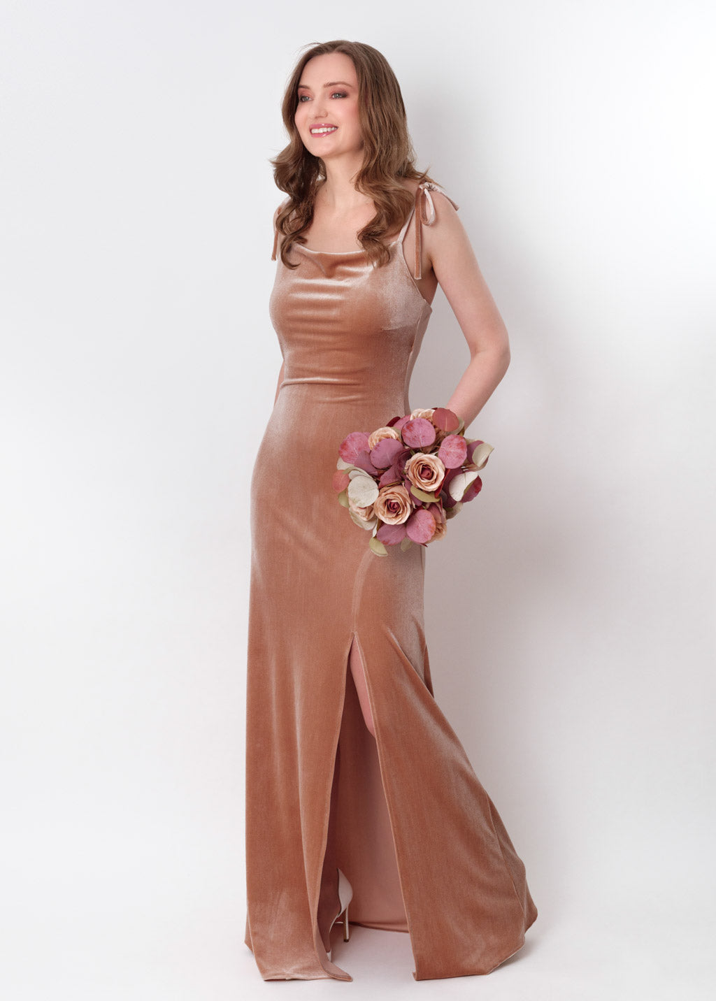 Champagne beige slip slit velvet bodycon long dress