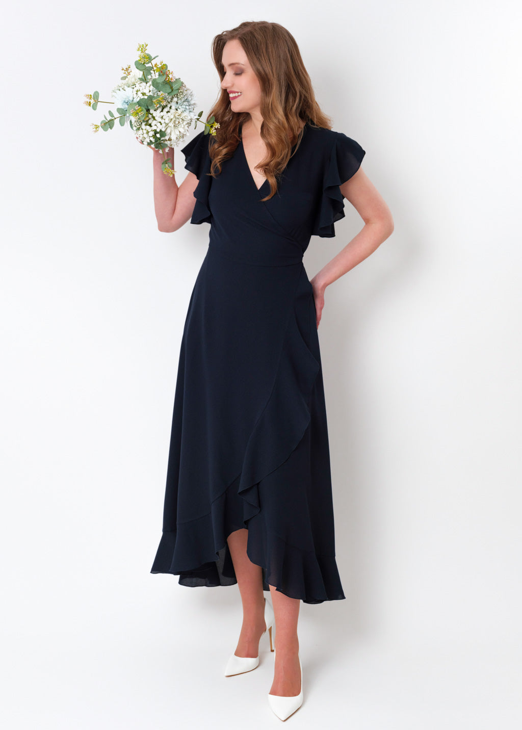 Navy blue chiffon wrap dress