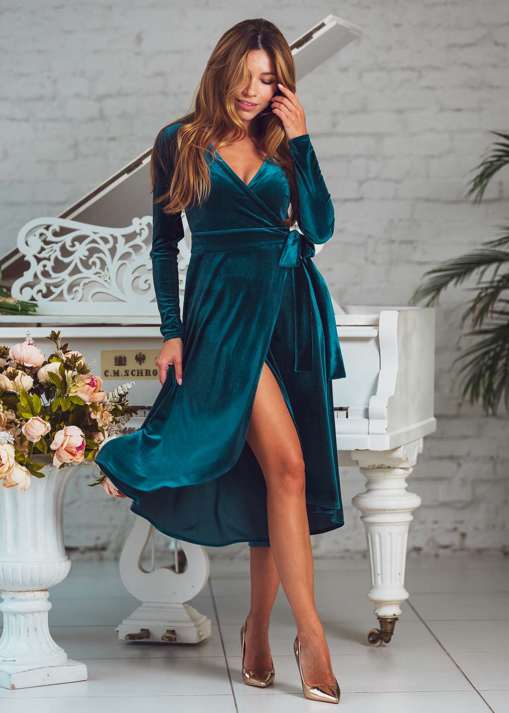 Teal green wrap velvet dress