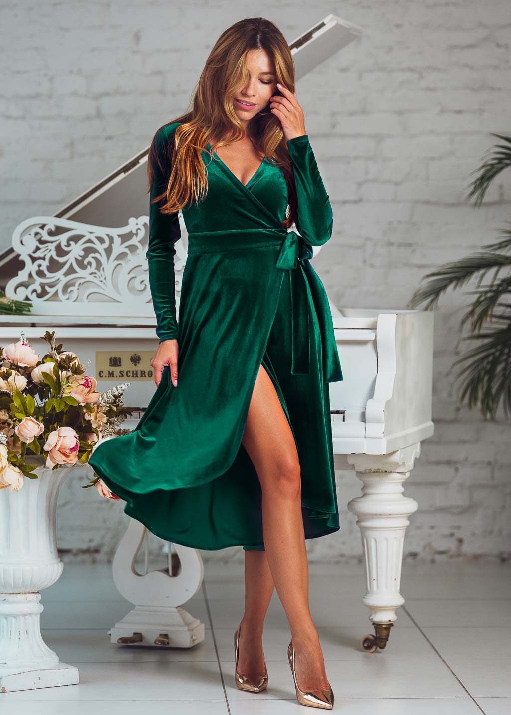 Emerald green wrap velvet dress