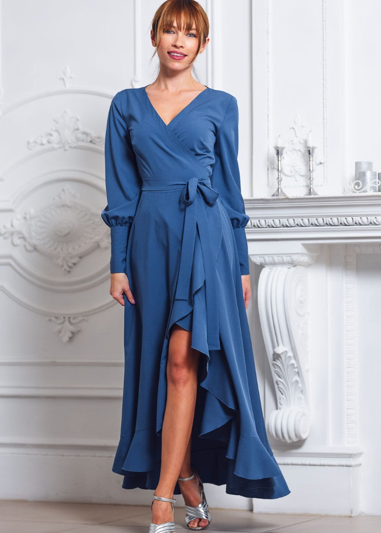 Indigo blue long wrap dress