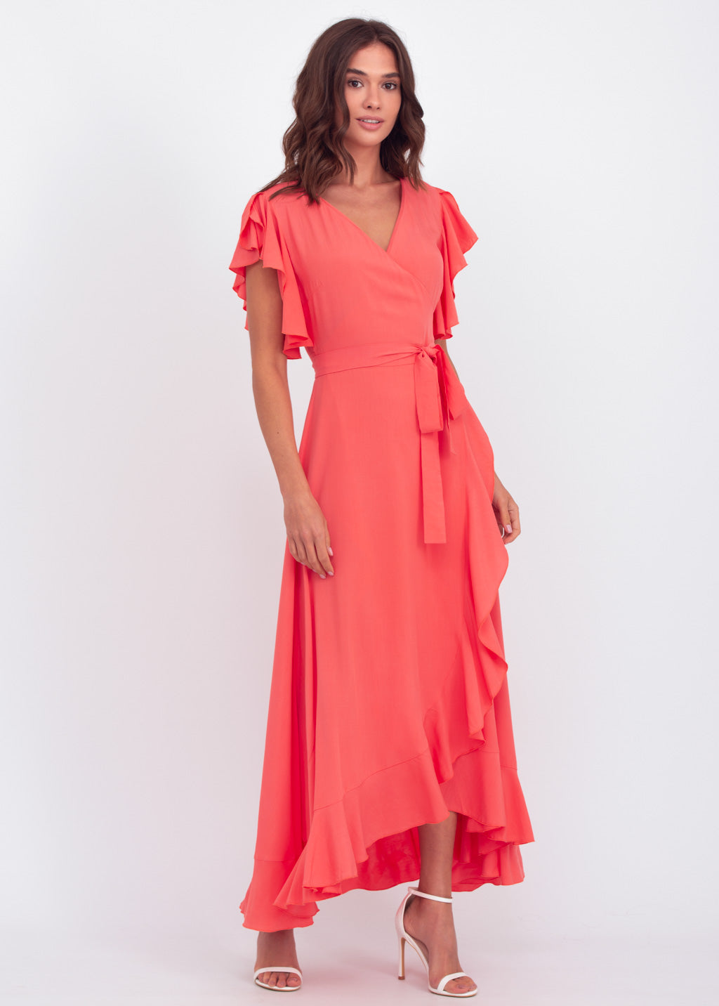 Coral red romantic wrap around dress