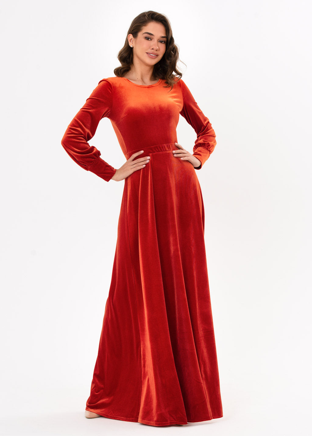 Rust orange velvet long dress