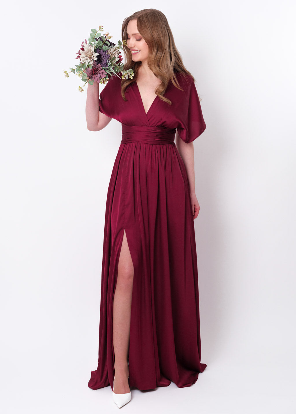 Burgundy slit infinity pleated dress