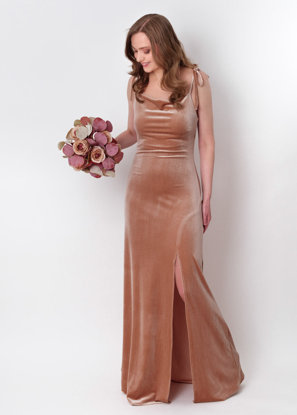 Champagne beige slip slit velvet bodycon long dress