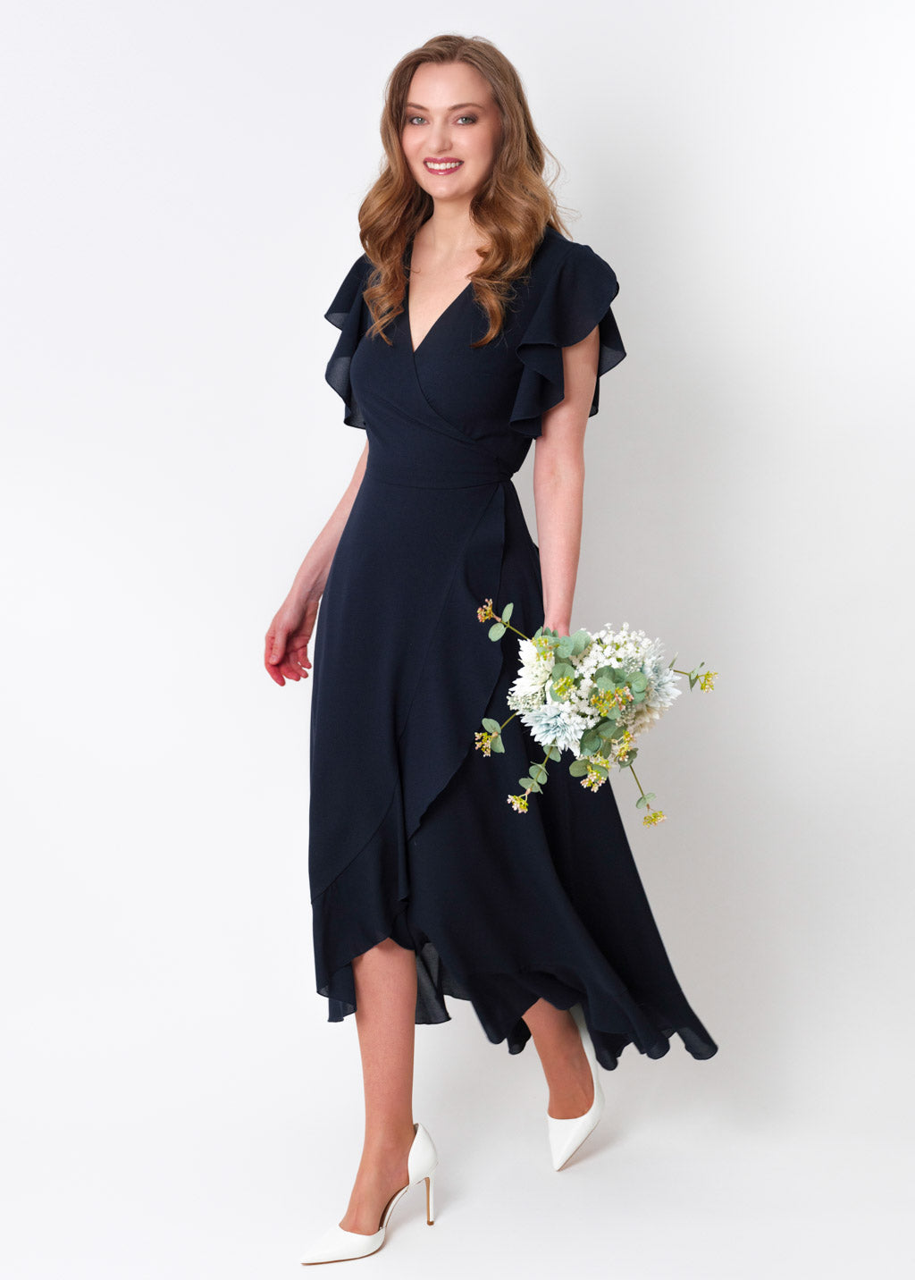 Navy blue chiffon wrap dress