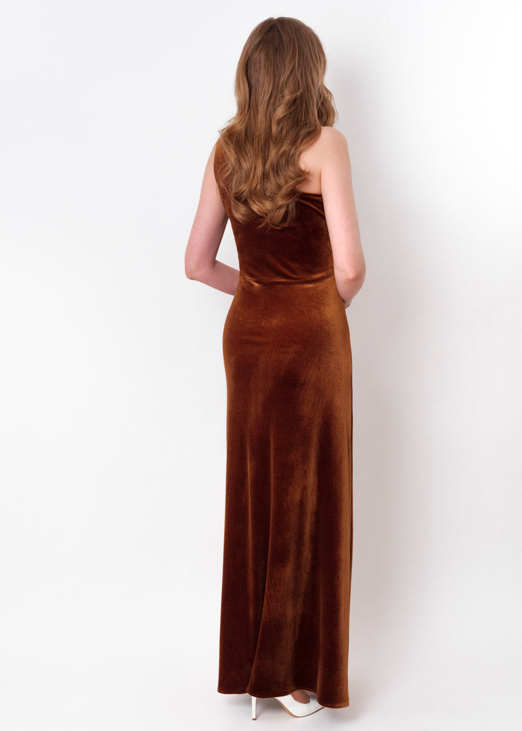 Rust gold velvet one shoulder slit dress