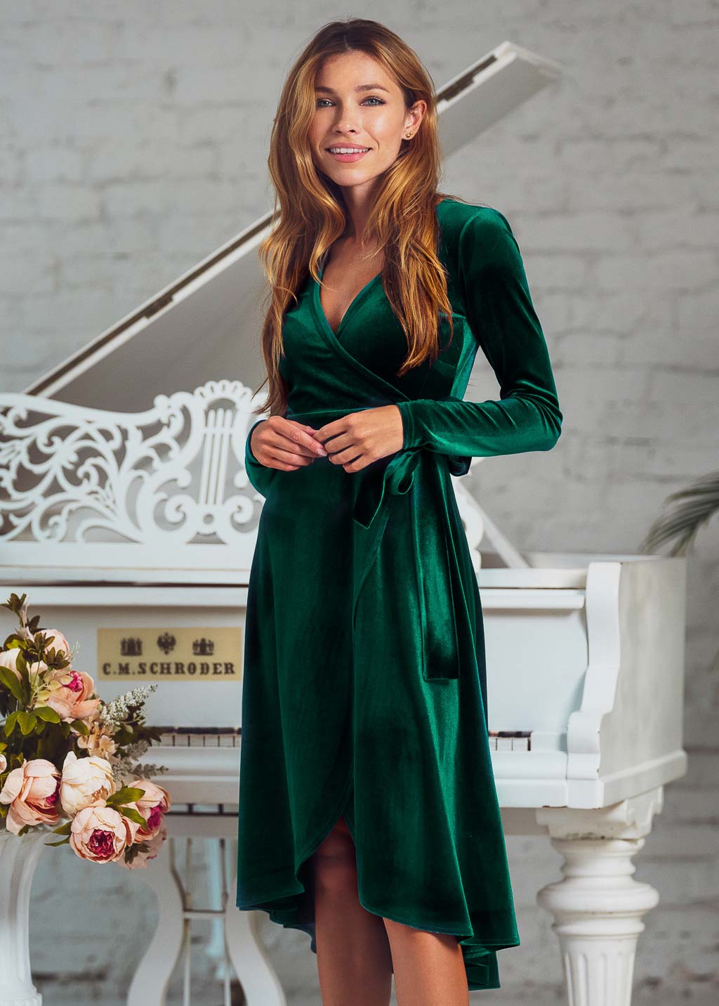 Emerald green wrap velvet dress