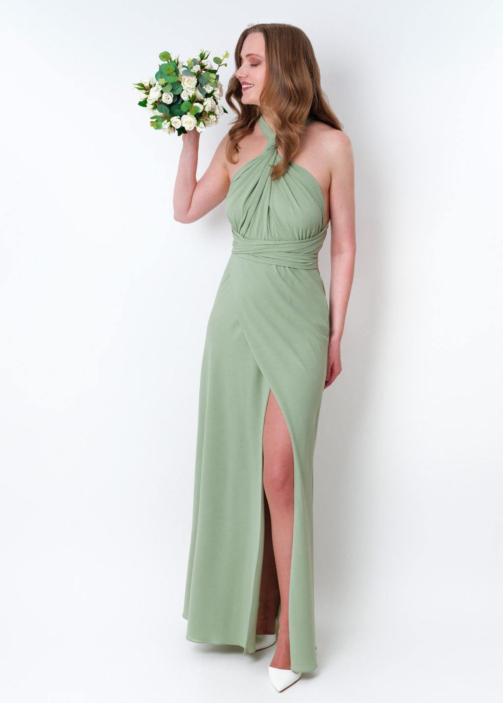Sage green chiffon infinity slit dress