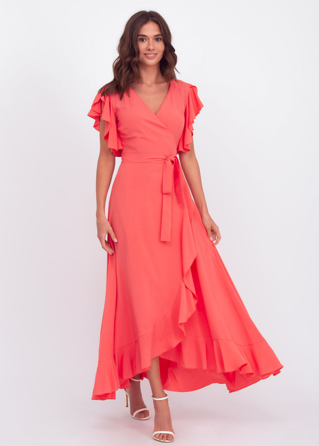 Coral red romantic wrap around dress
