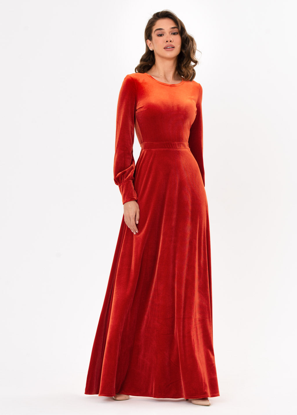 Rust orange velvet long dress