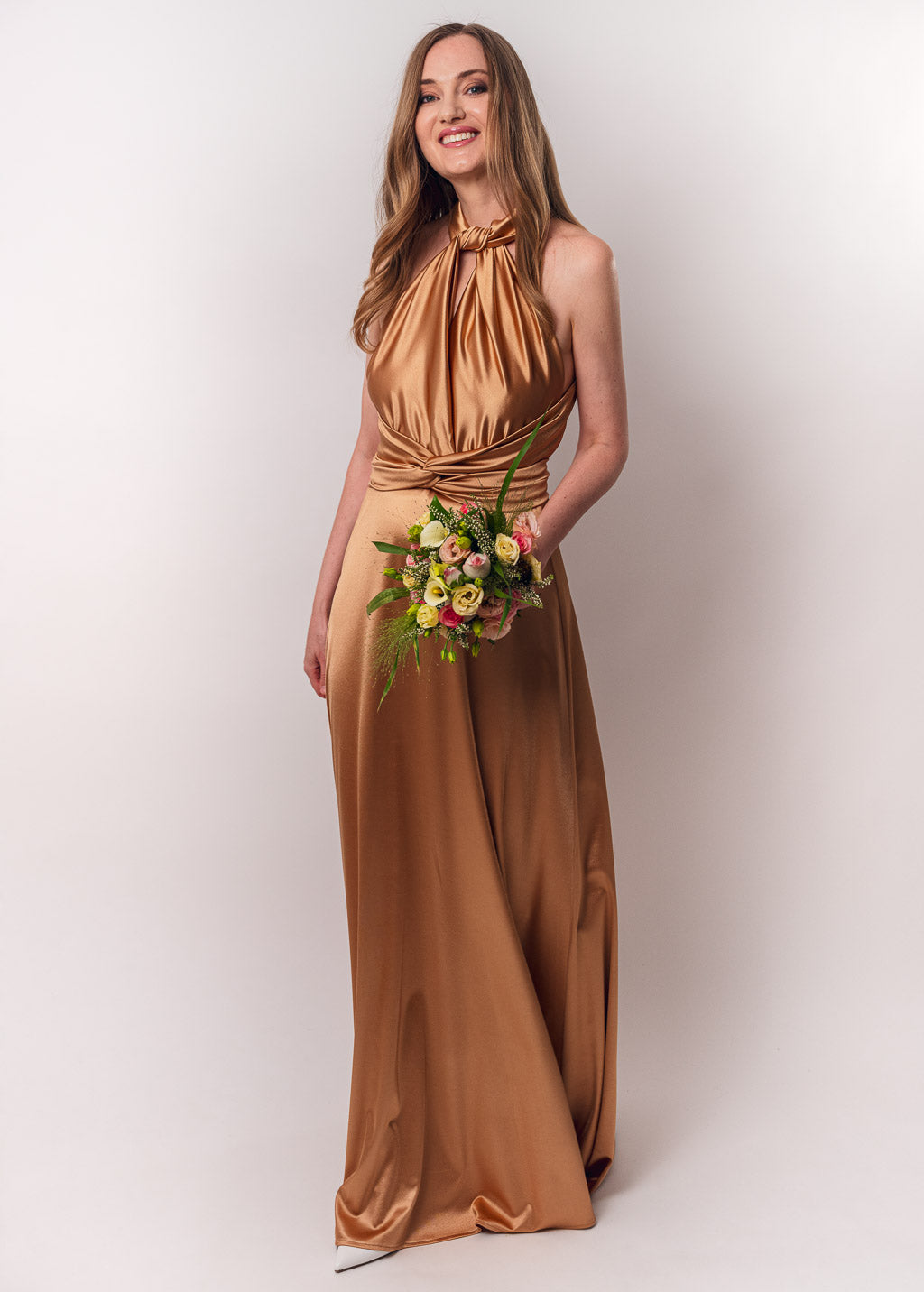 Gold luxury satin infinity dress or jumpsuit