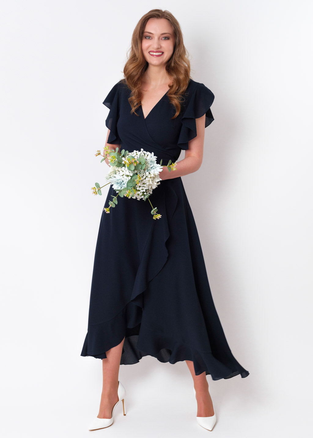 Navy blue chiffon wrap dress