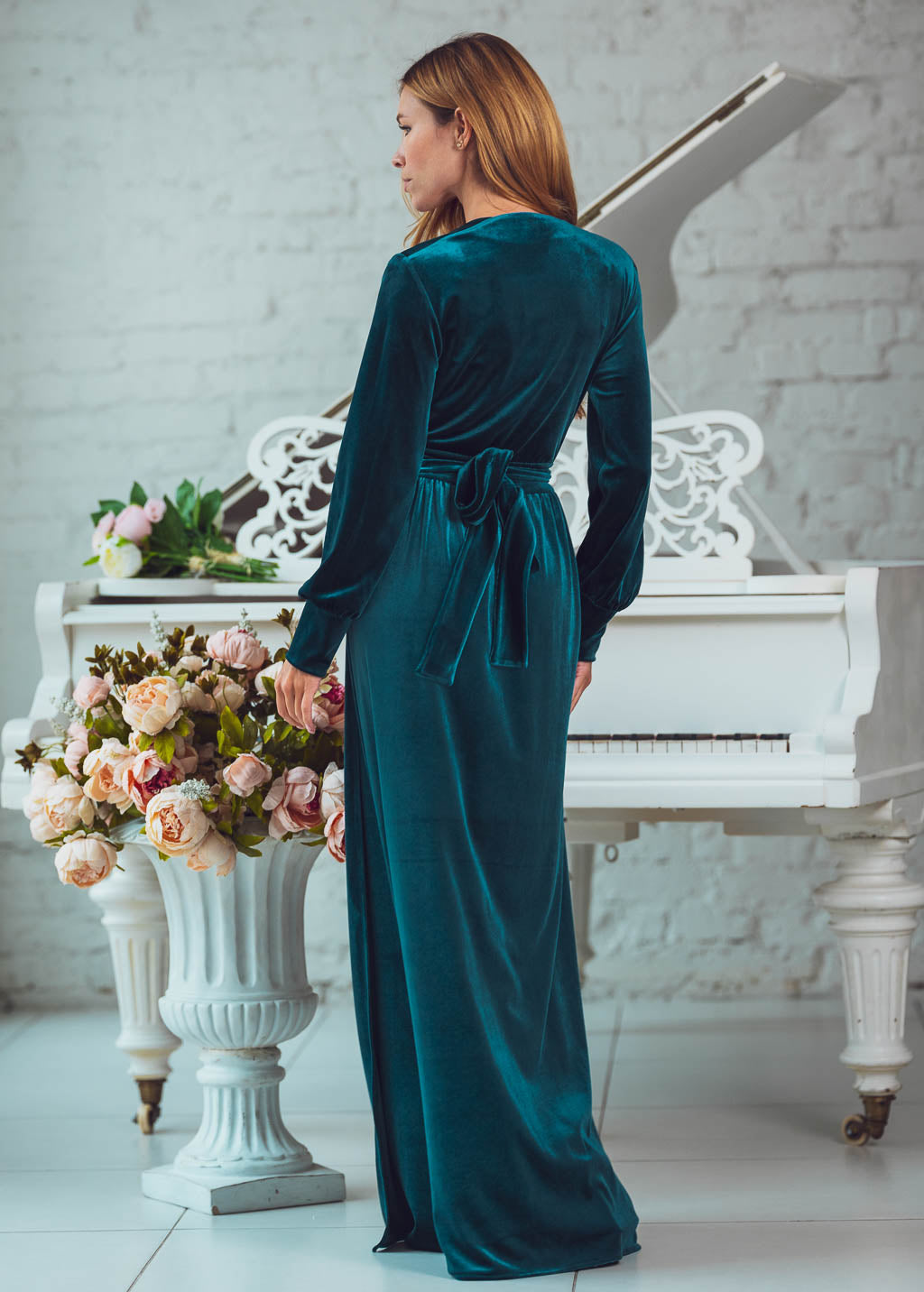 Teal green long wrap velvet robe