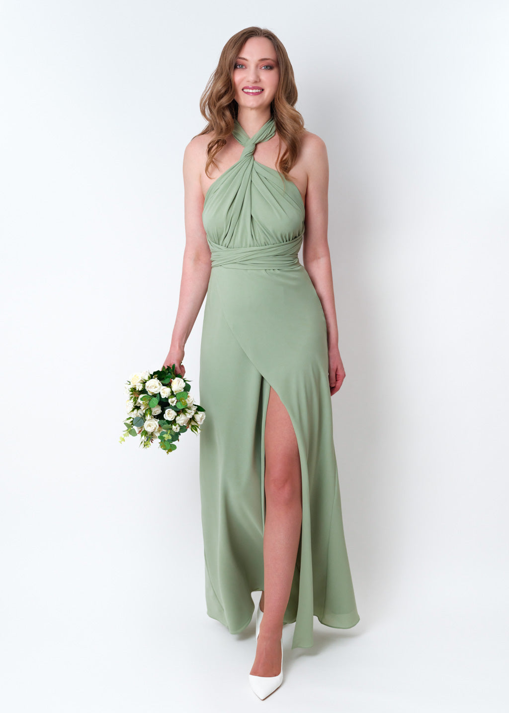 Sage green chiffon infinity slit dress