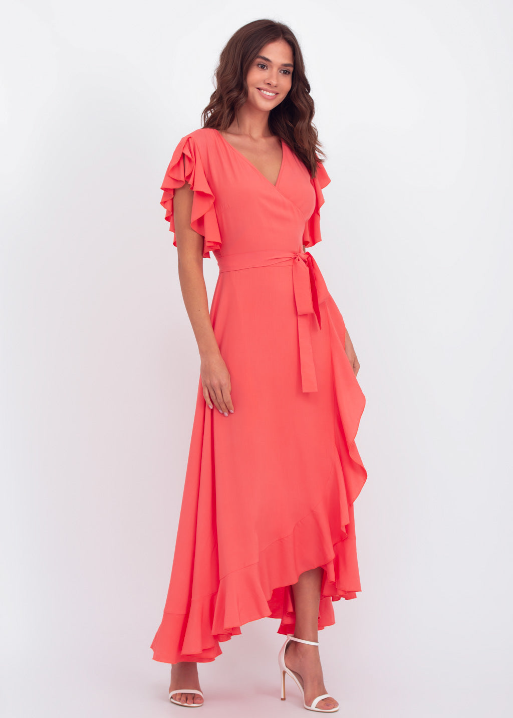 Coral red romantic wrap around dress