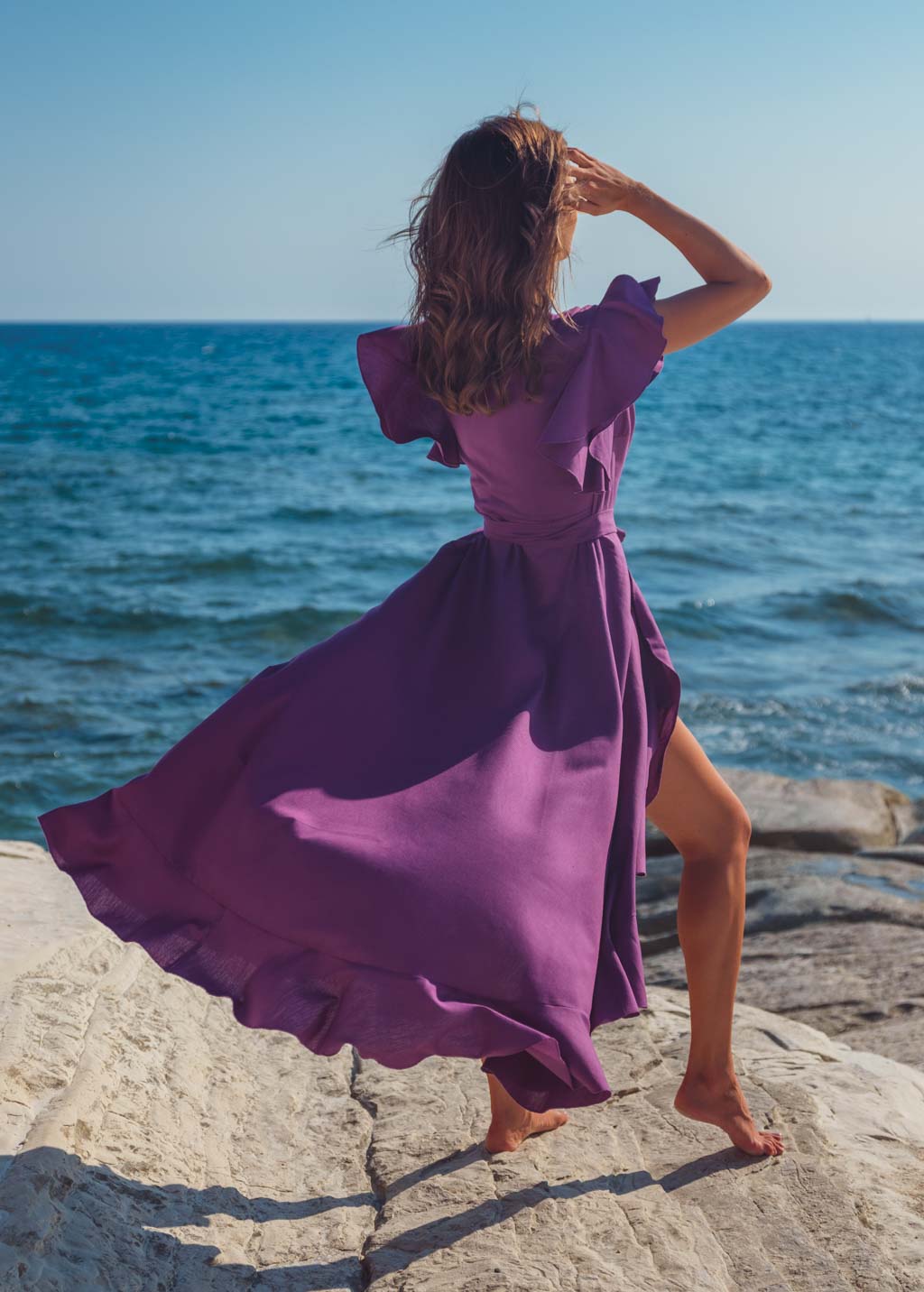 Purple linen wrap dress