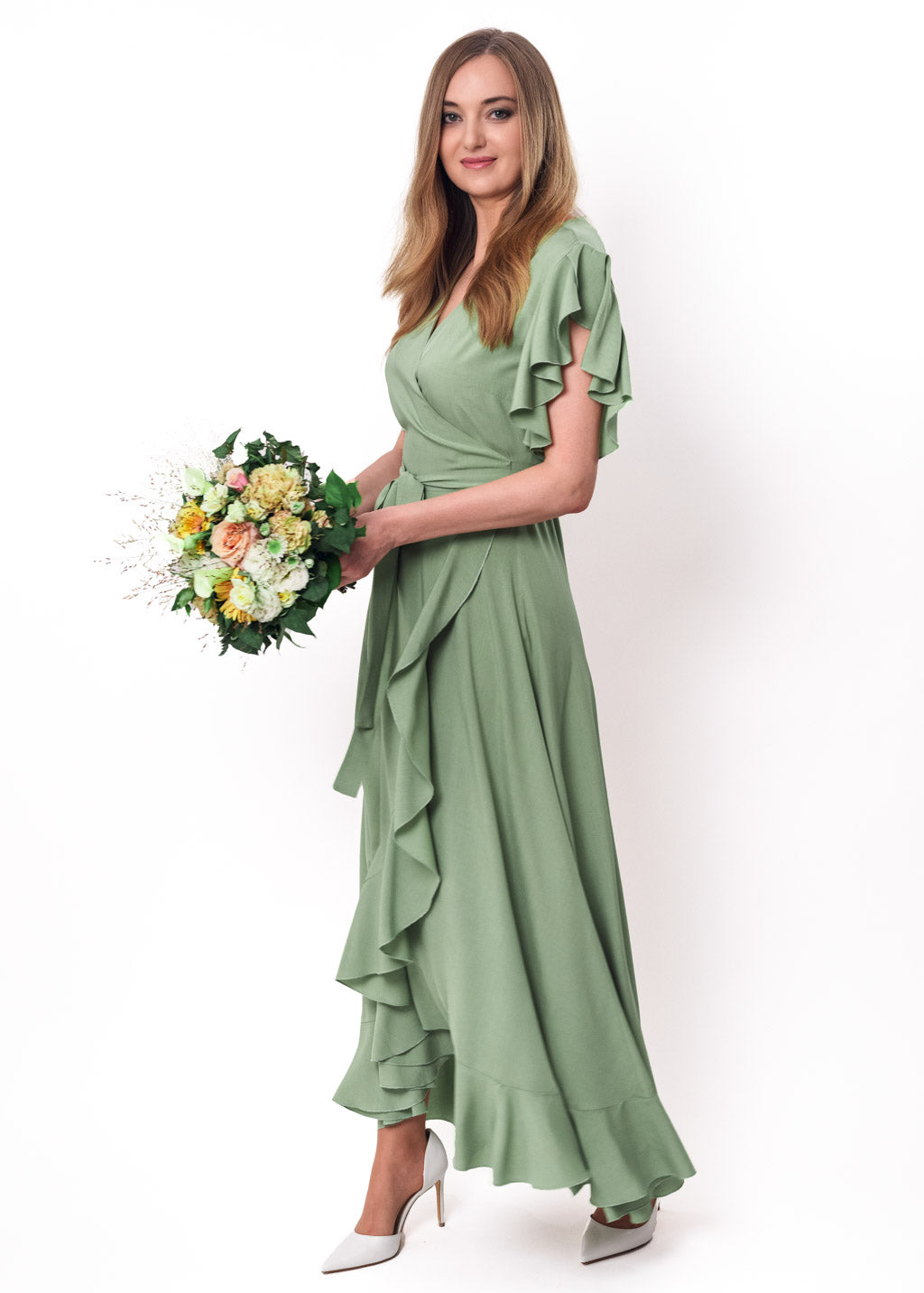 Sage green romantic wrap around dress