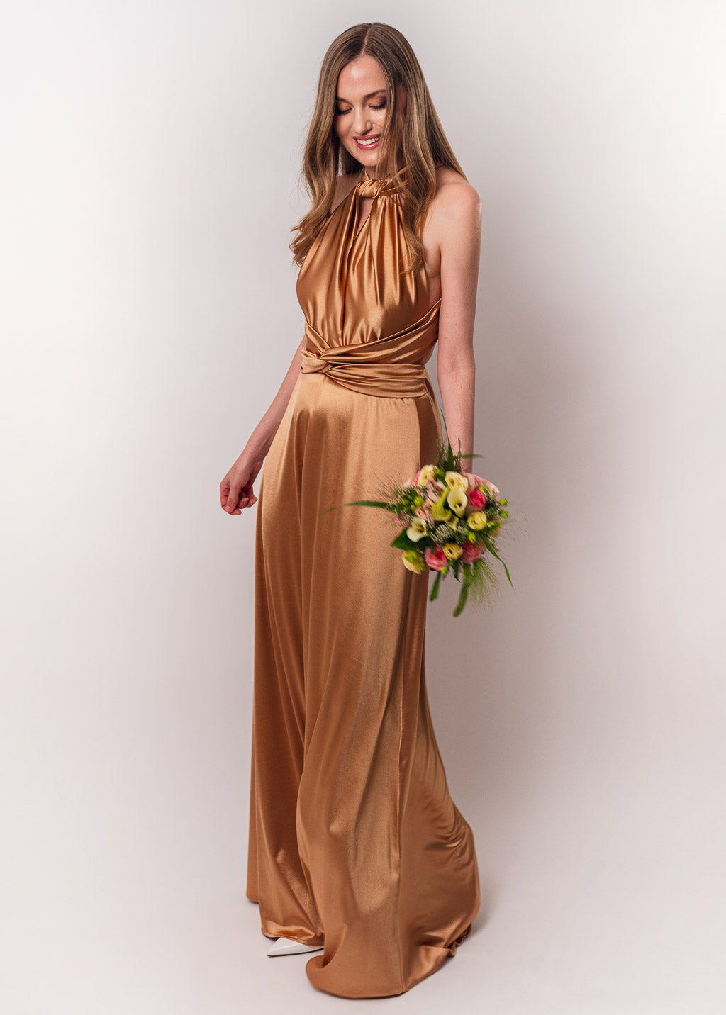 Gold luxury satin infinity dress or jumpsuit