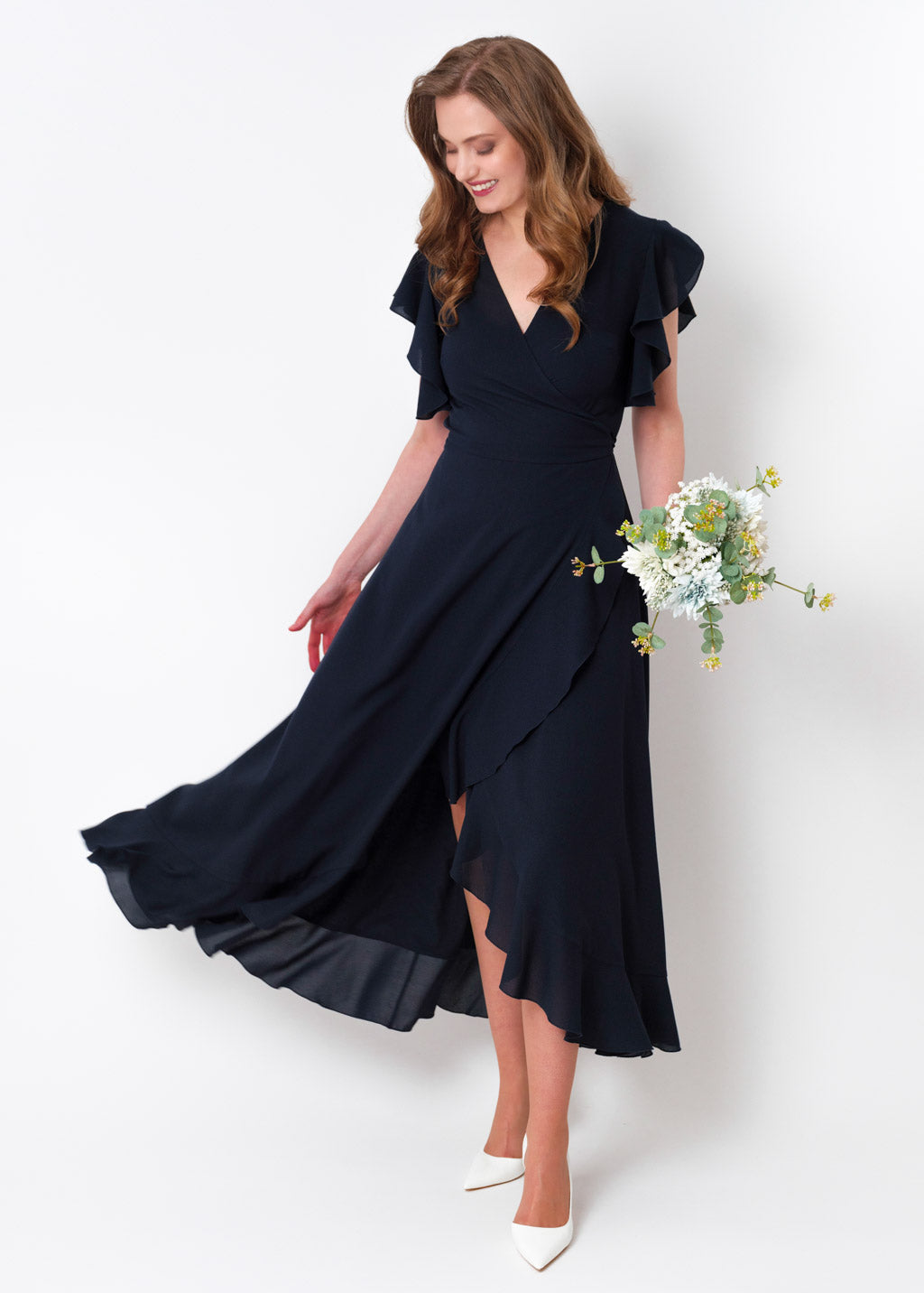 Navy blue chiffon wrap dress