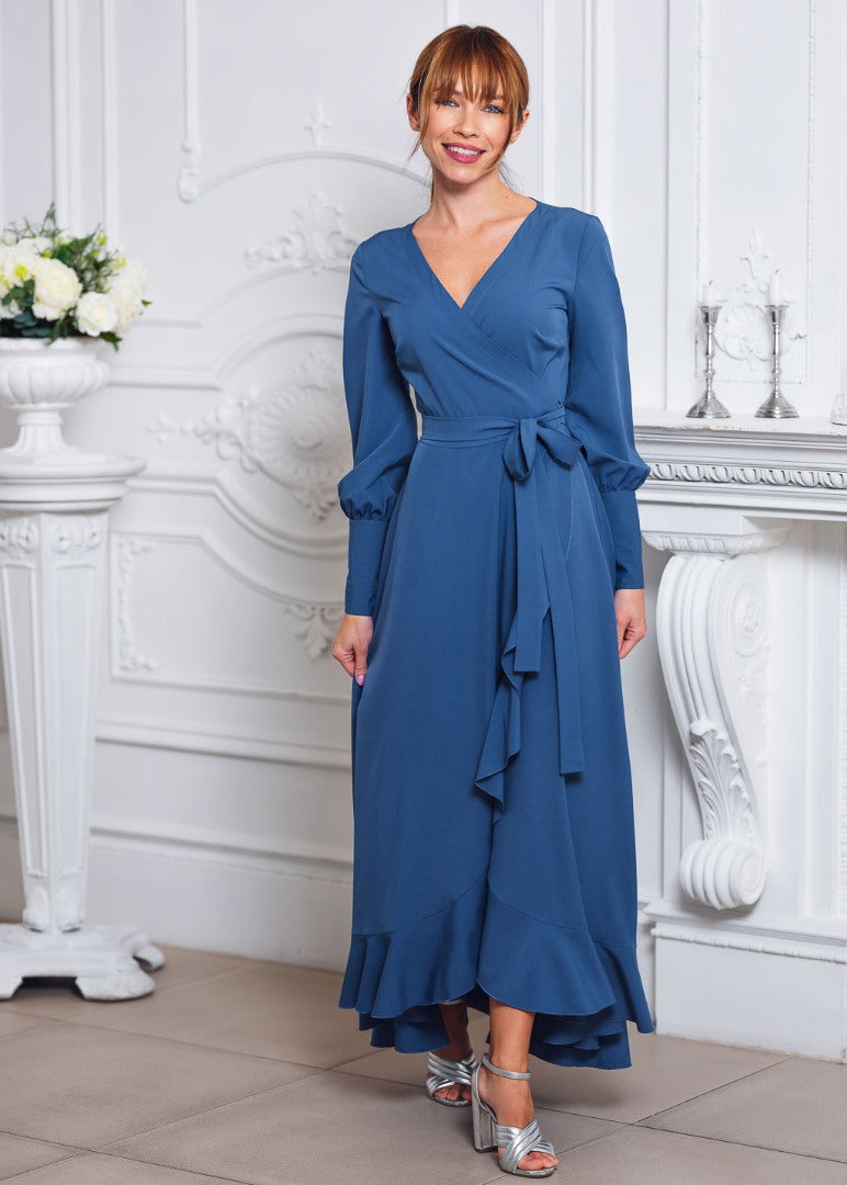 Indigo blue long wrap dress