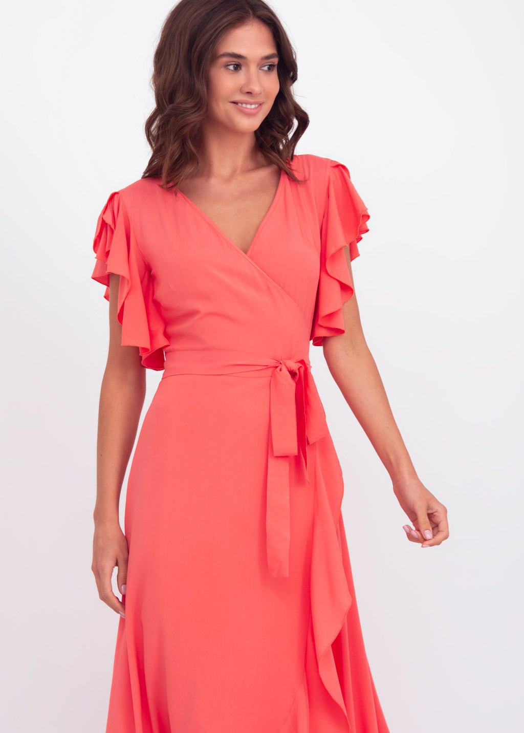 Coral red romantic wrap around dress