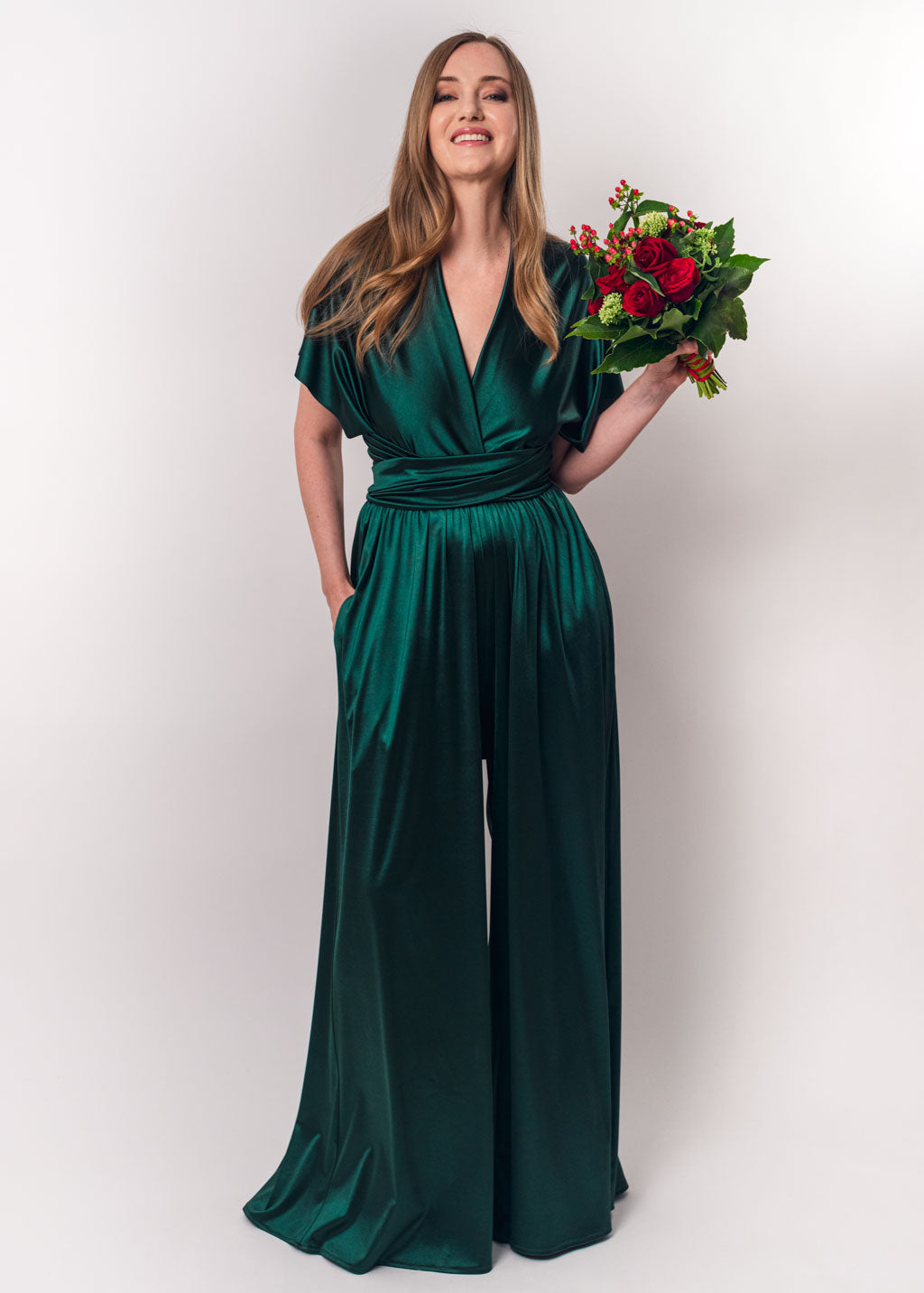 Dark green luxury satin infinity dress or jumpsuit