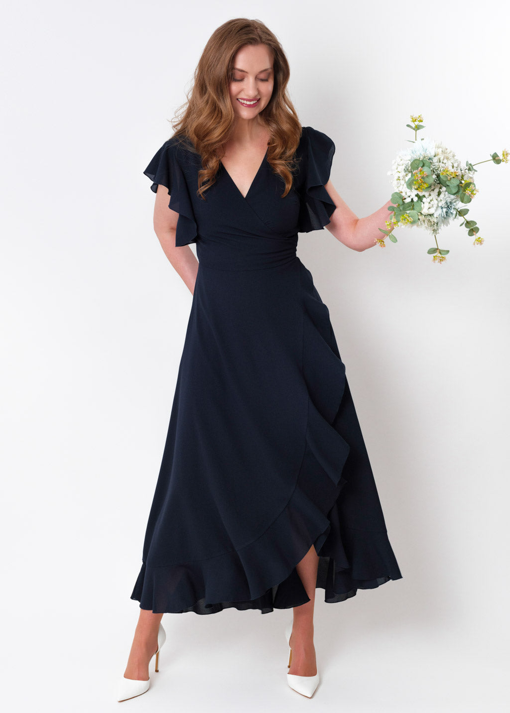 Navy blue chiffon wrap dress