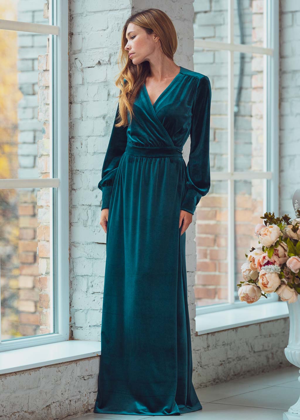Teal green long wrap velvet robe