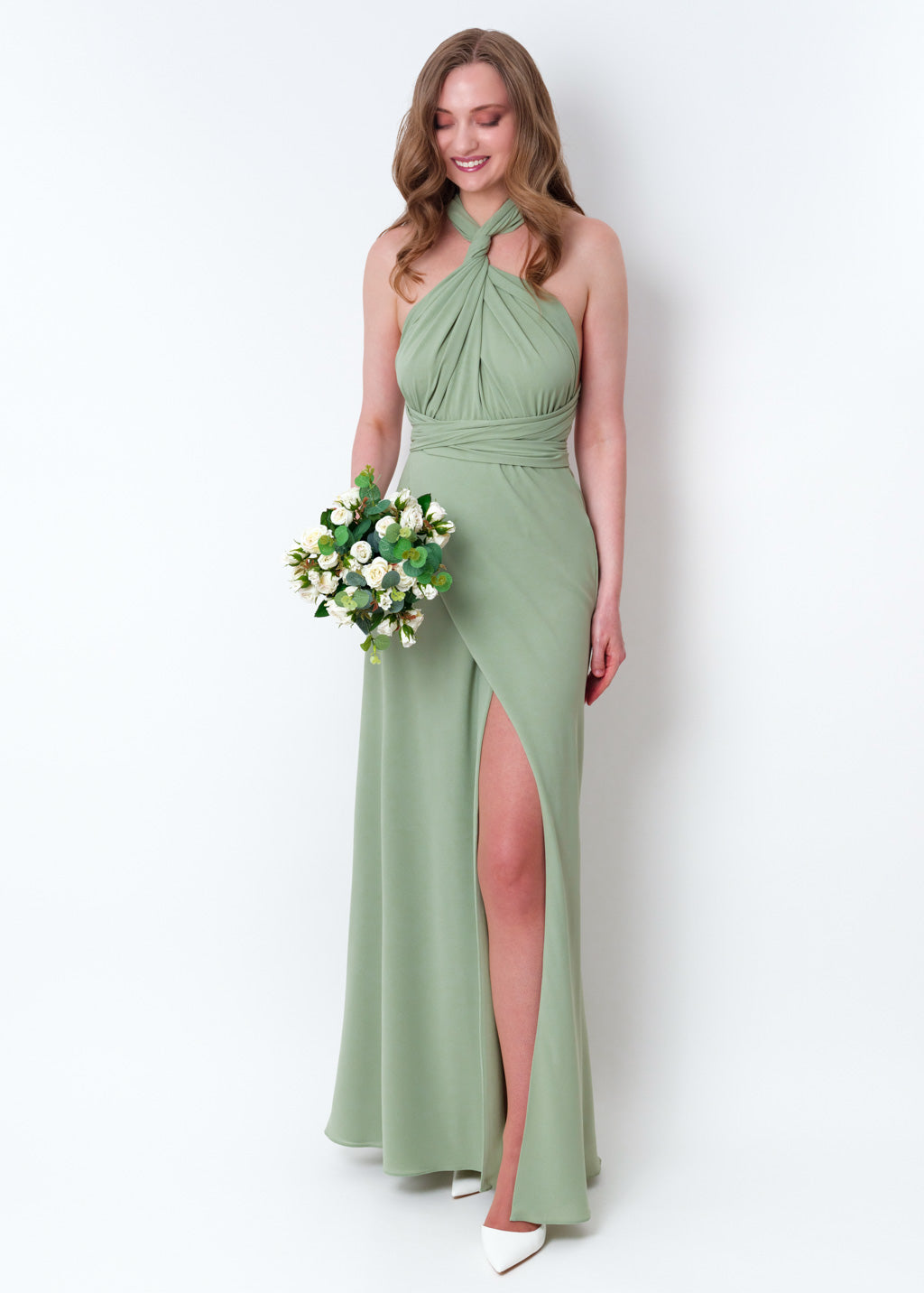 Sage green chiffon infinity slit dress