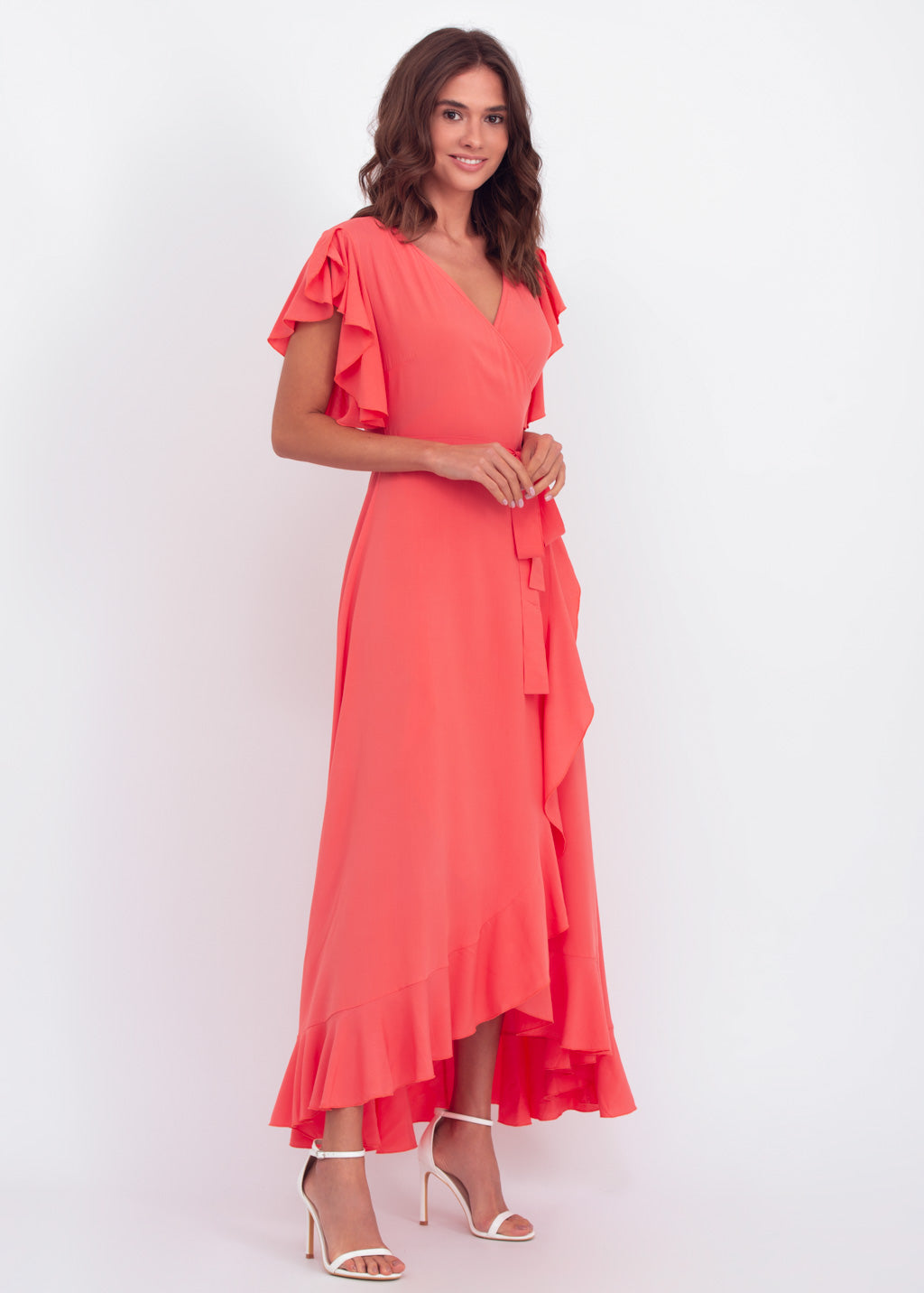 Coral red romantic wrap around dress