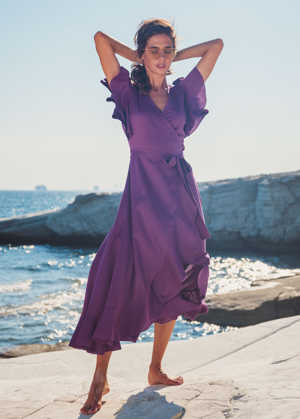 Purple linen wrap dress