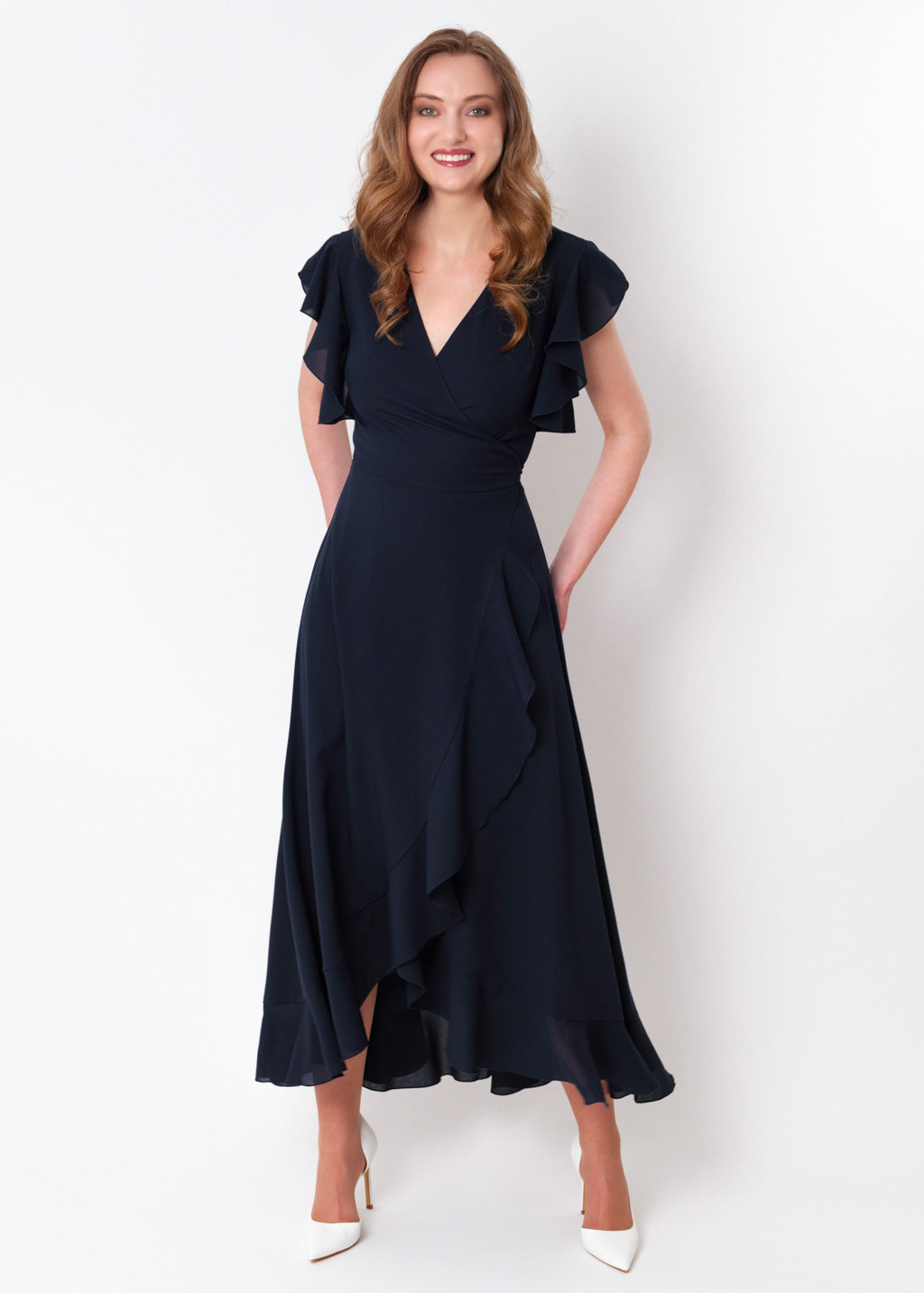 Navy blue chiffon wrap dress