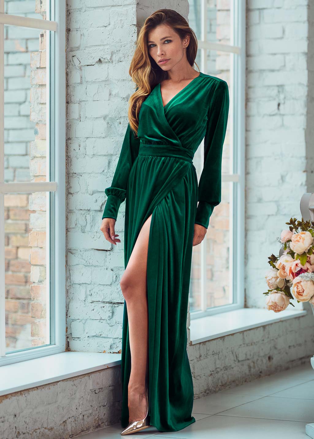 Emerald green long wrap dress