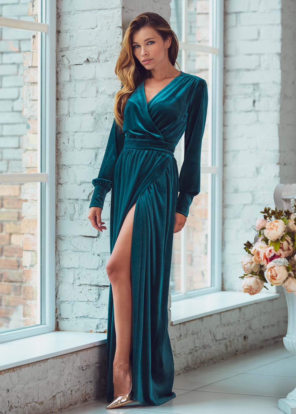 Teal green long wrap dress