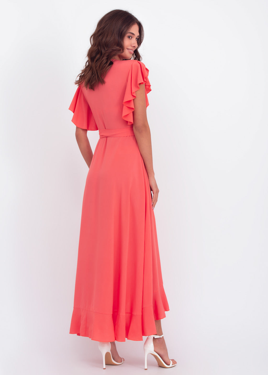 Coral red romantic wrap around dress