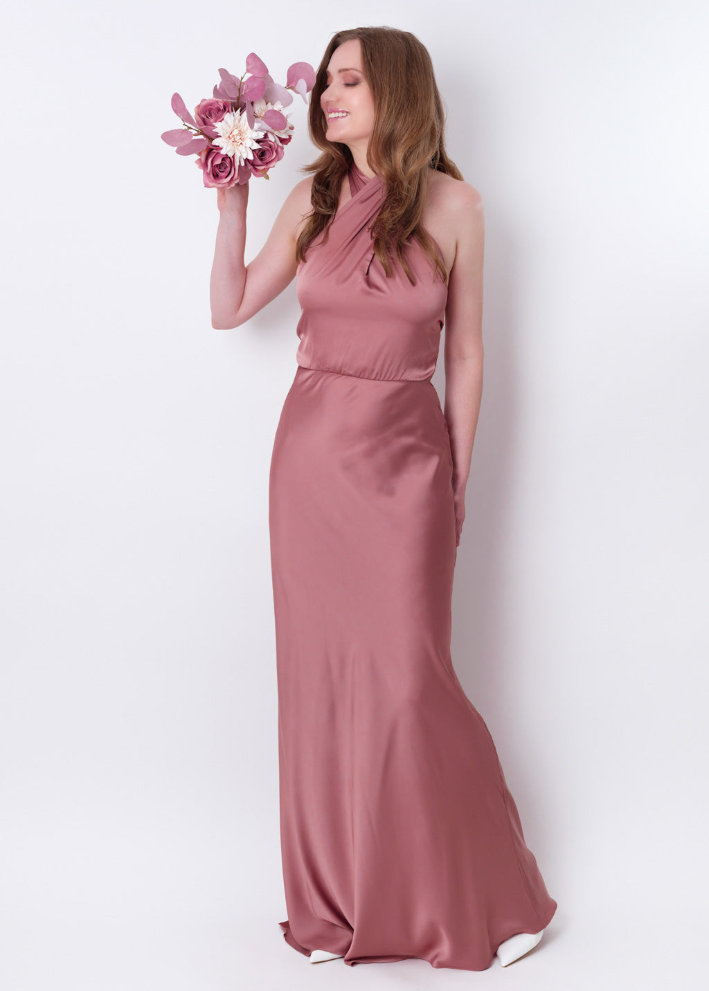 Champagne rose silk long halter dress