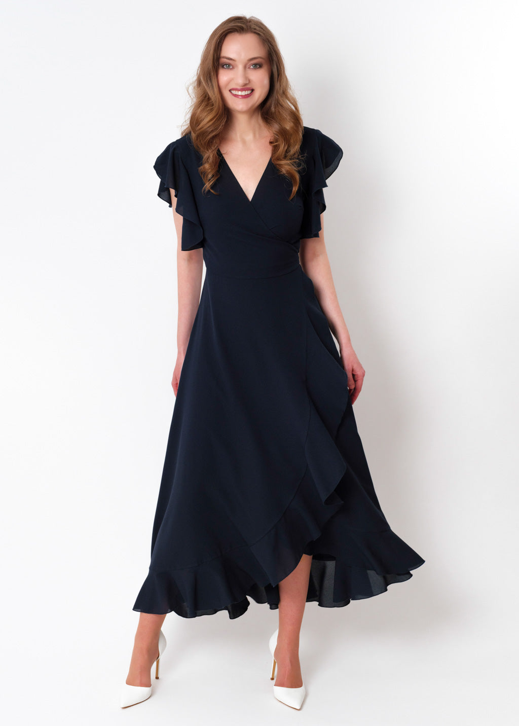 Navy blue chiffon wrap dress