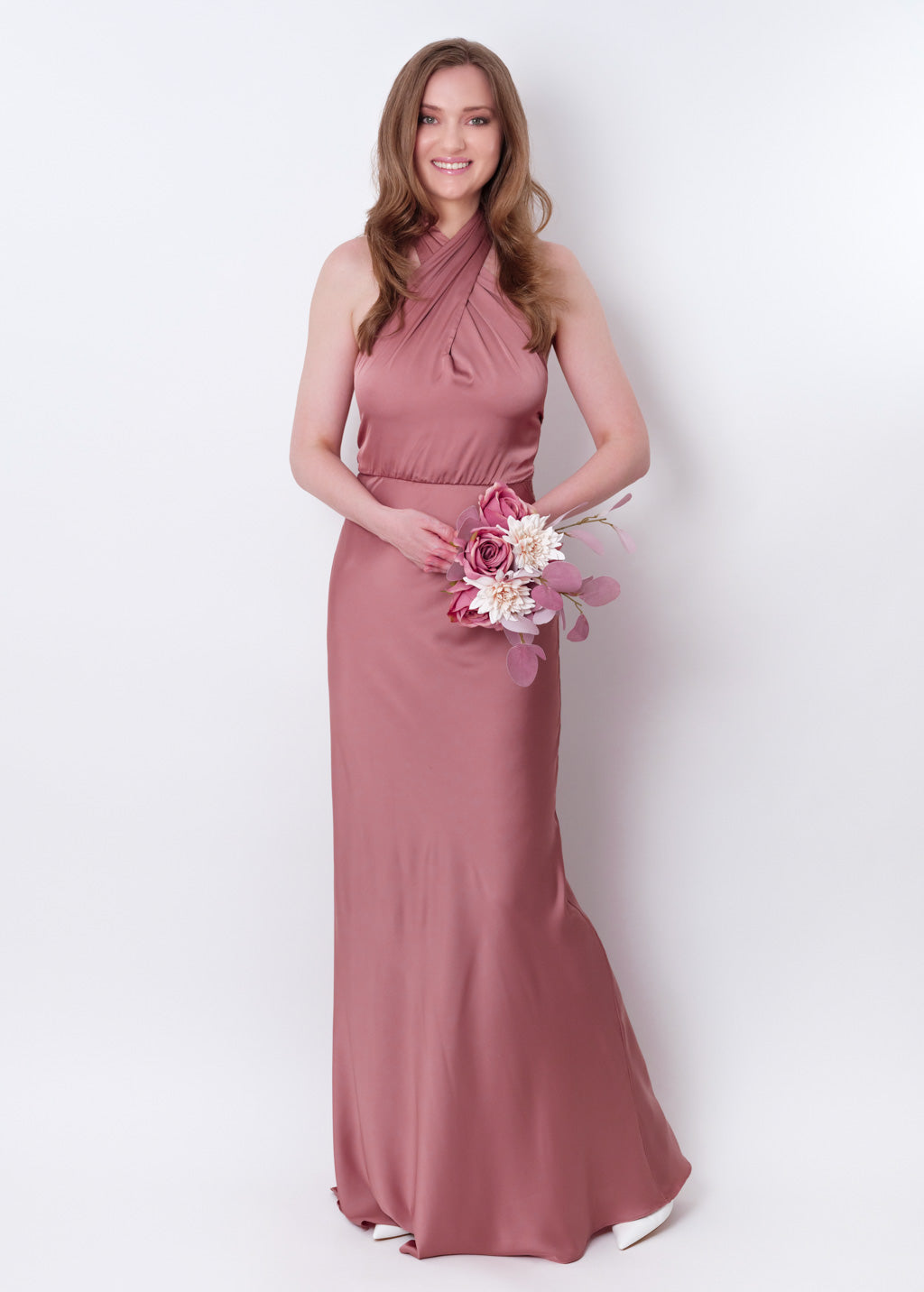 Champagne rose silk long halter dress
