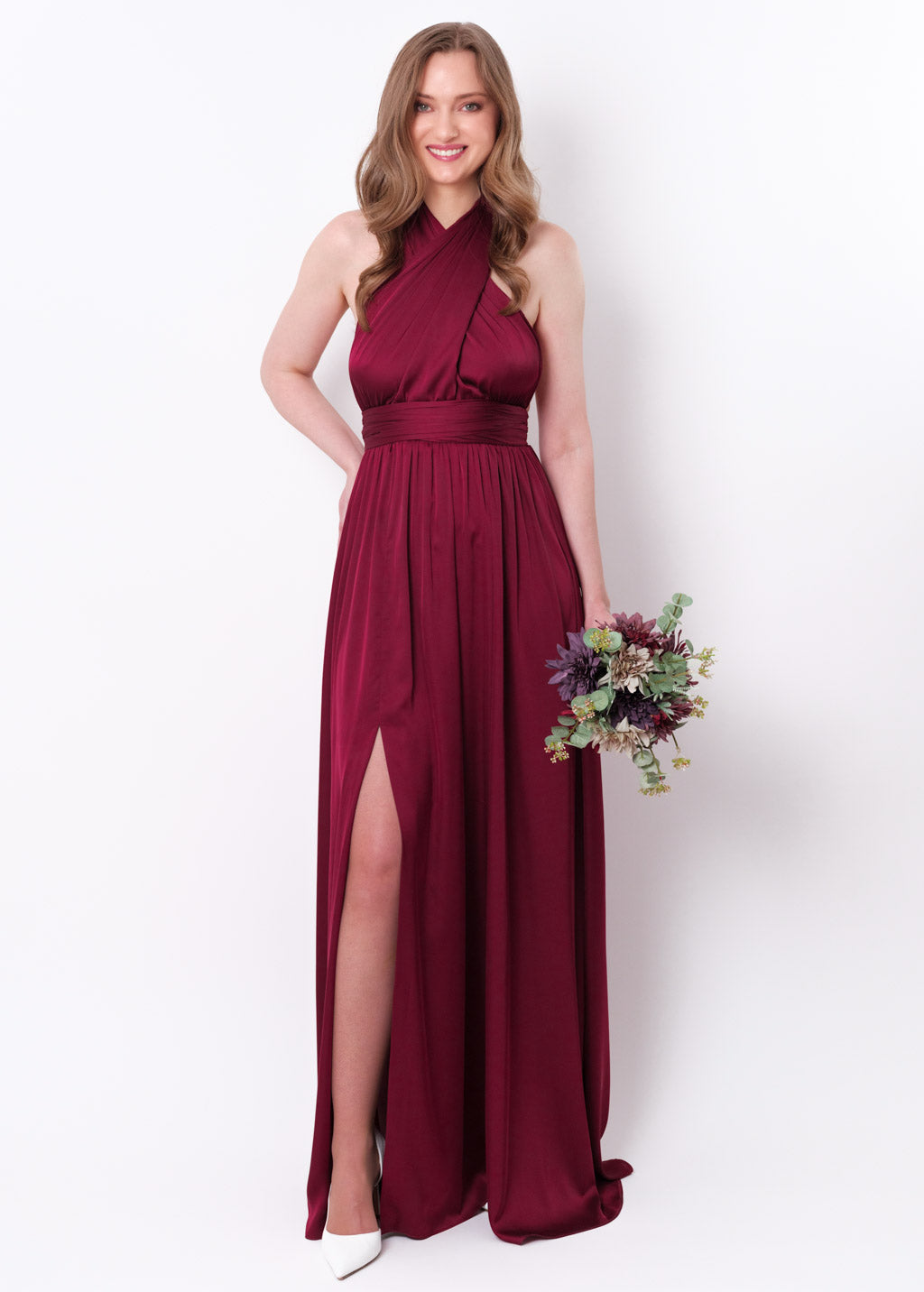 Burgundy slit infinity pleated dress