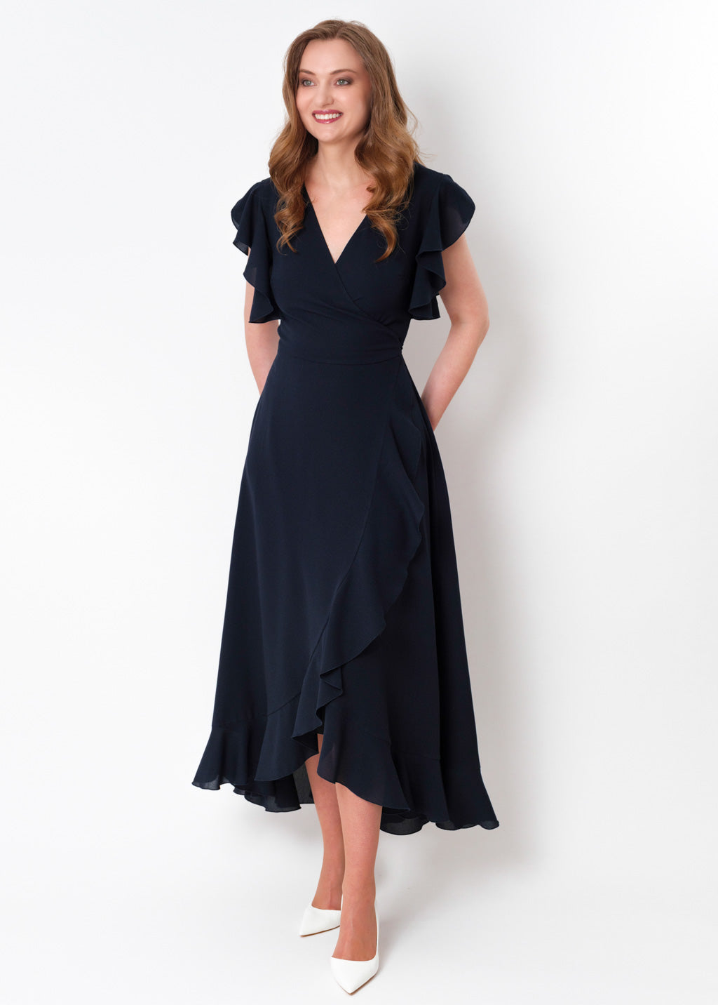 Navy blue chiffon wrap dress