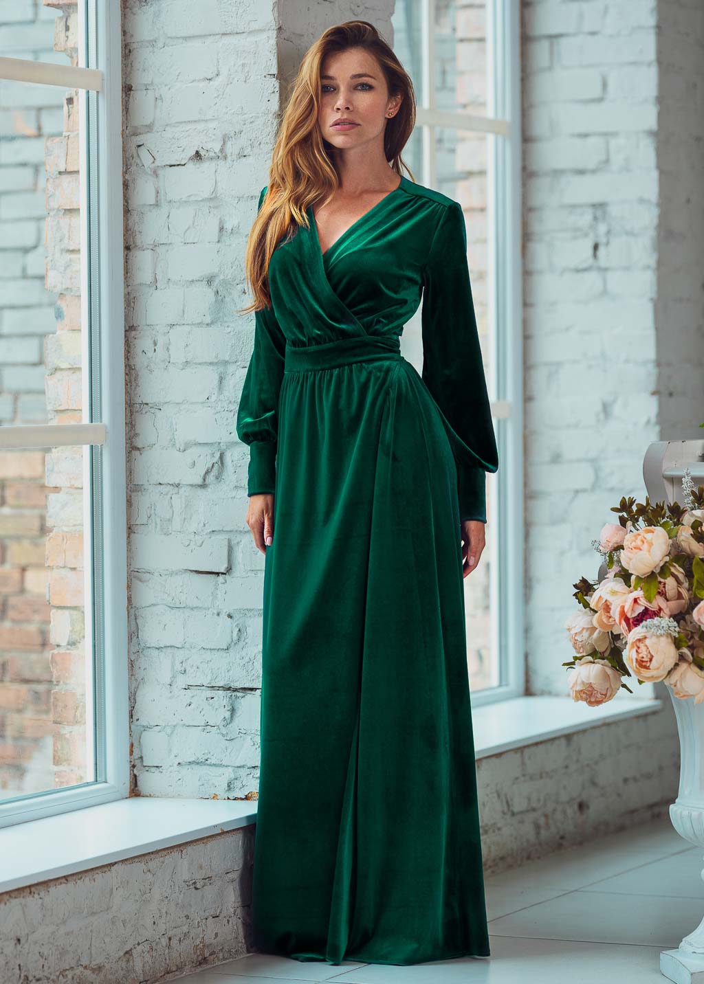 Emerald green long wrap dress