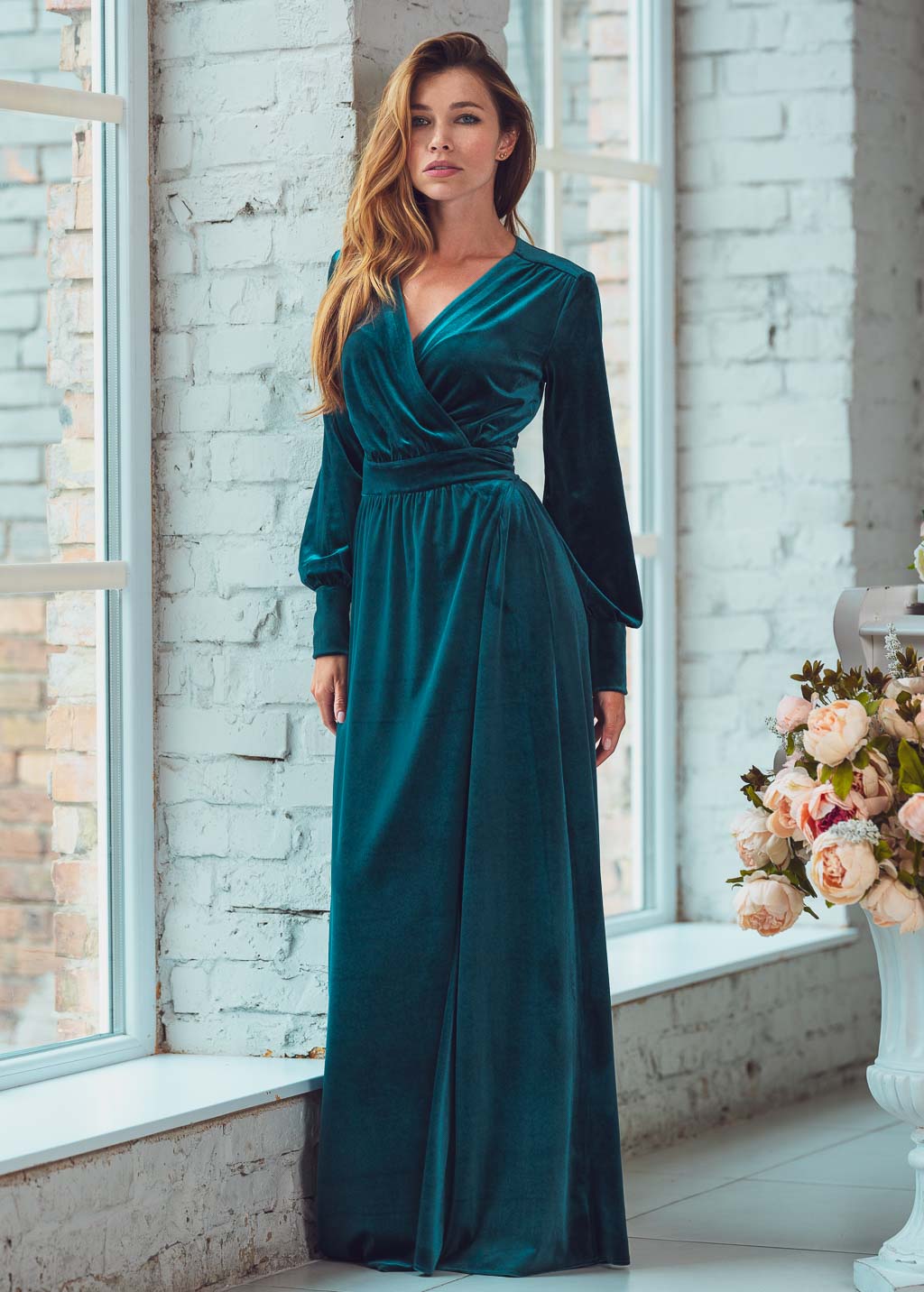 Teal green long wrap velvet robe