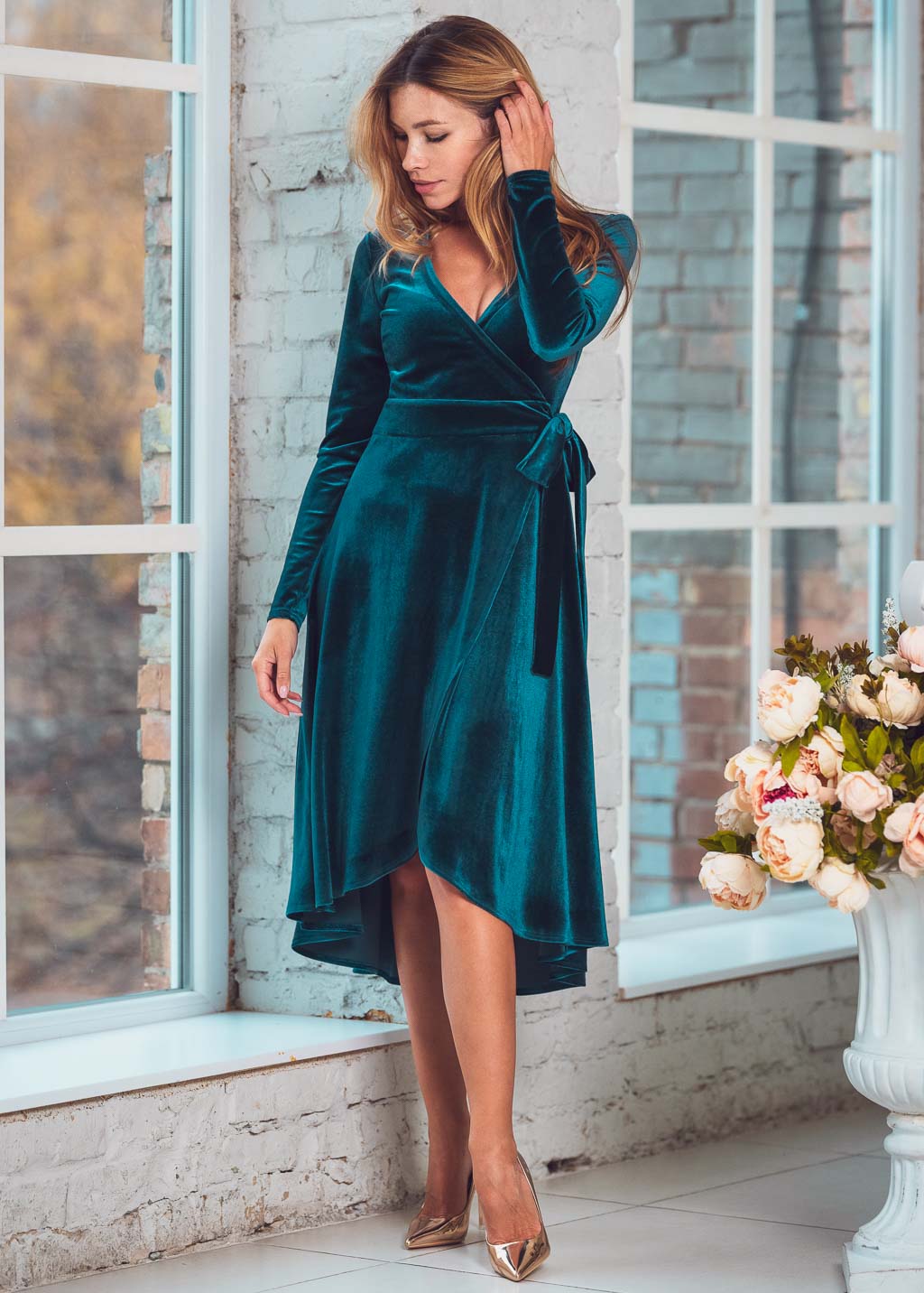 Teal green wrap velvet dress