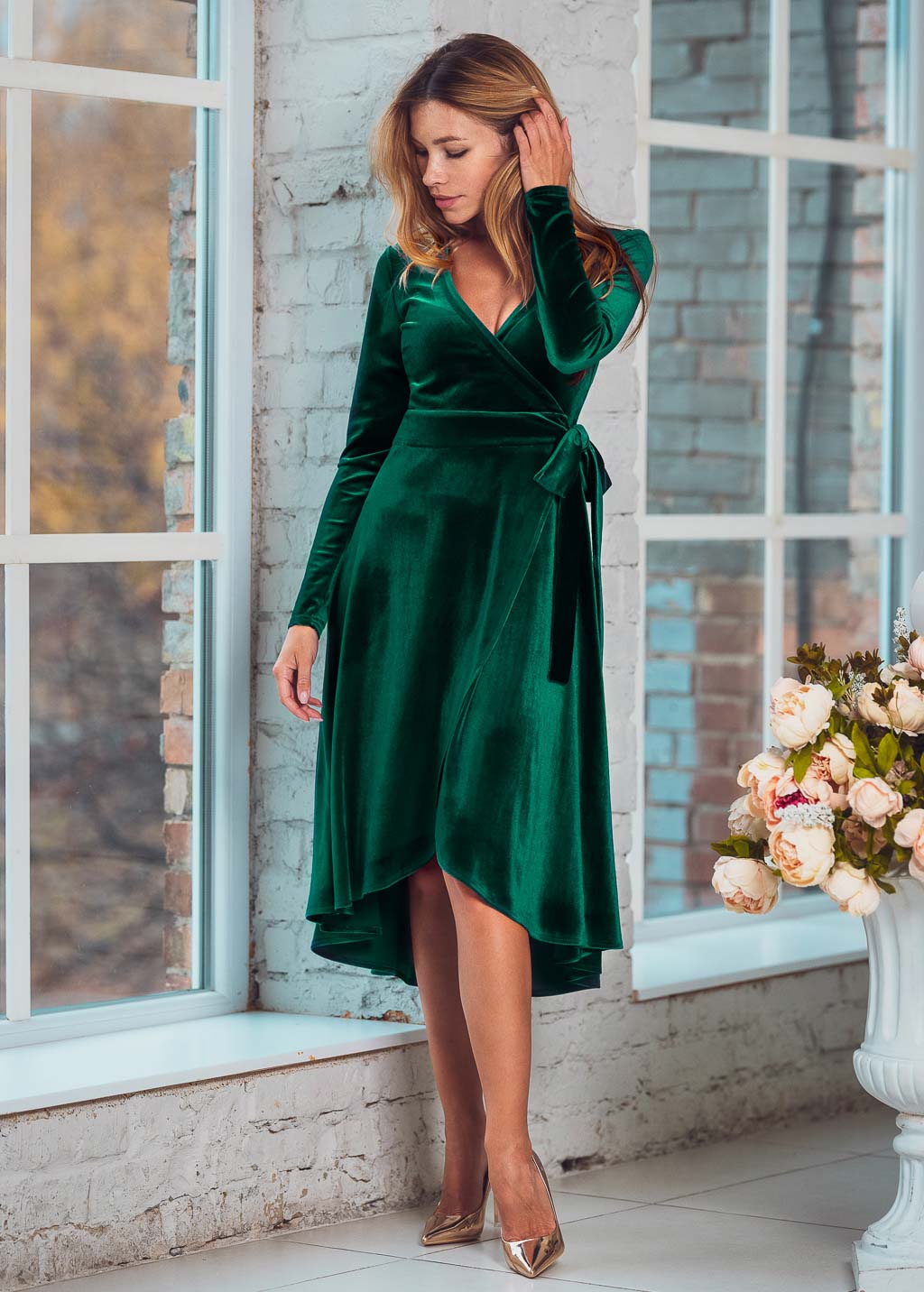 Emerald green wrap velvet dress