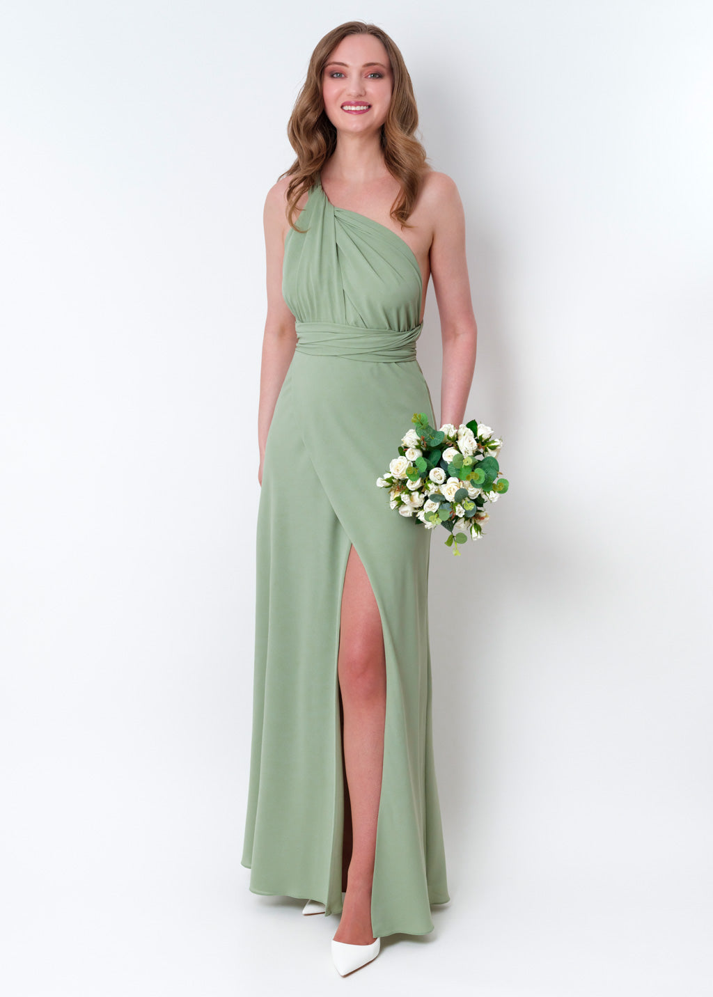 Sage green chiffon infinity slit dress
