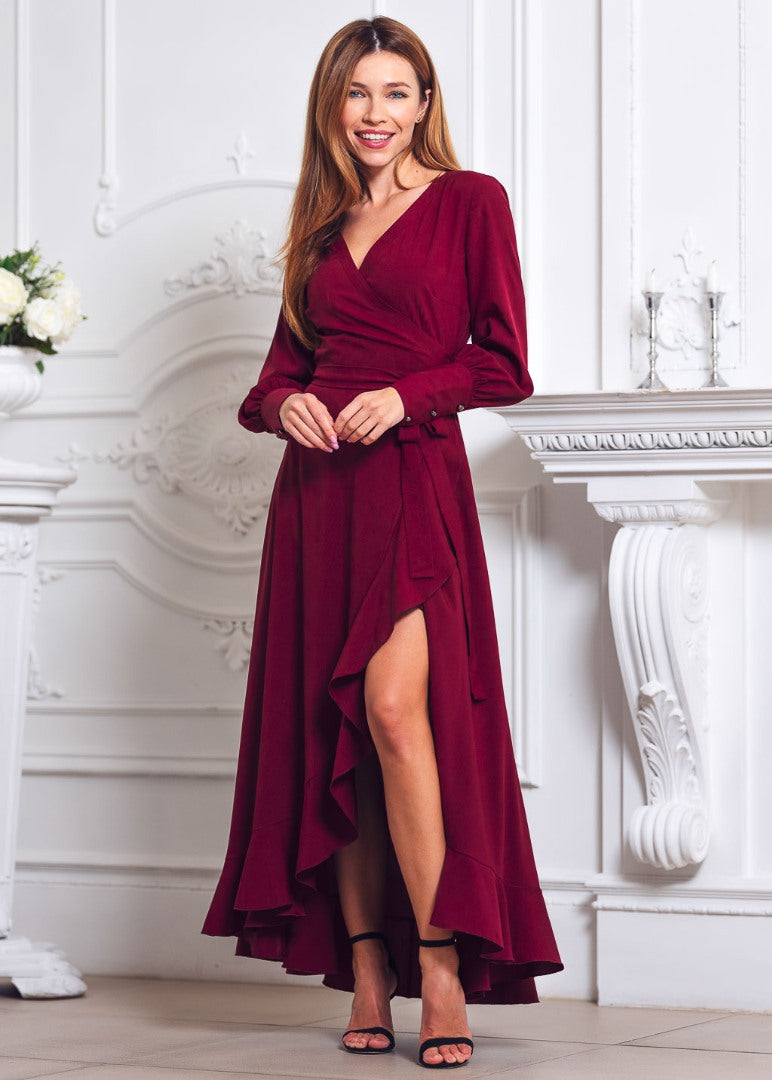 Burgundy long wrap dress