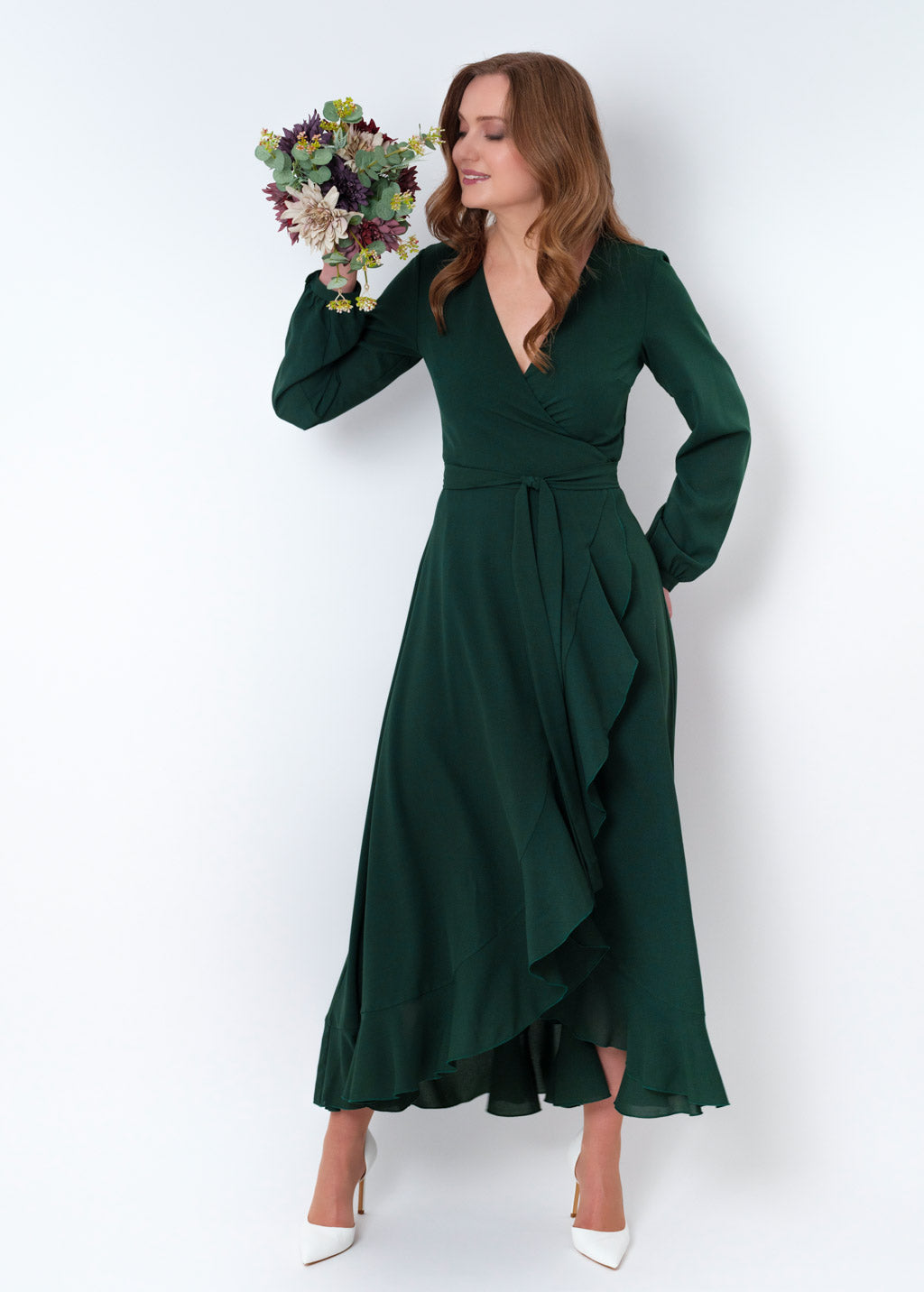 Dark green chiffon wrap dress
